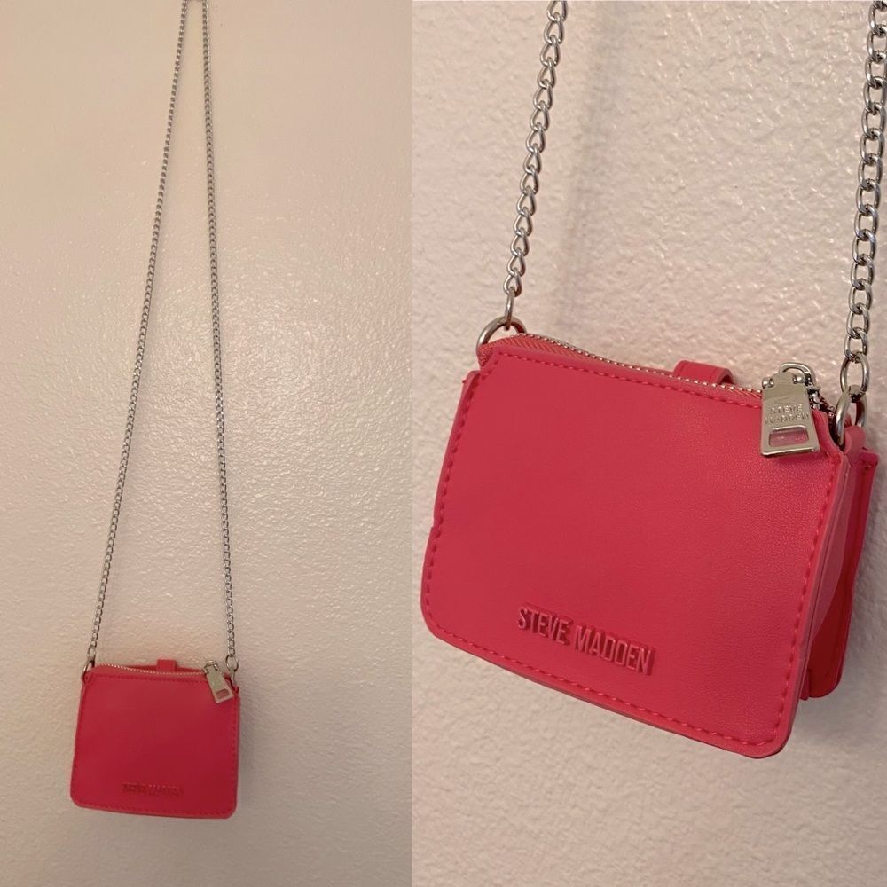 Steve Madden hot pink faux leather purse chain crossbody mini wallet NEW 4x5